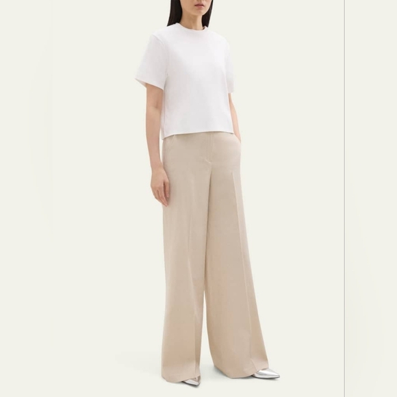 Theory Emery T Linen Rayon Stretch Crunch Khaki High-Waist Wide-Leg Trousers - Picture 1 of 16